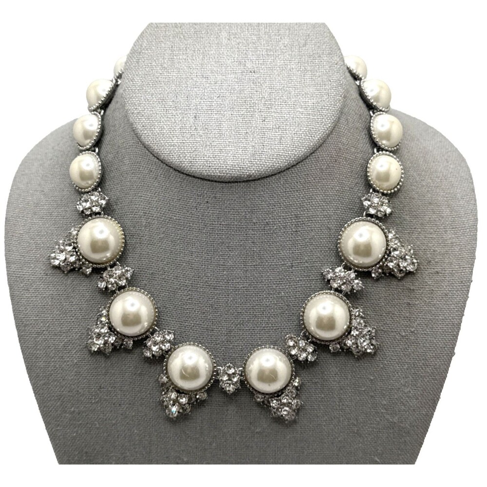 CHARTER CLUB Faux Pearl Rhinestone Choker Necklace Silver Tone Collar 16" - 18" - Picture 3 of 9
